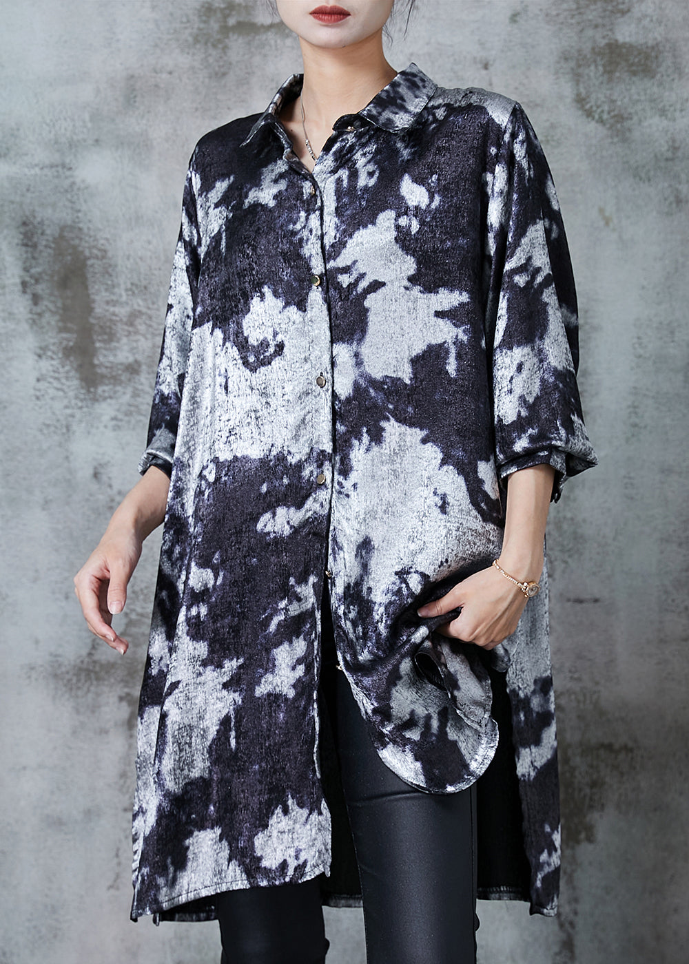 Grey Oversized Tie Dye Silk Velour Shirt Dress Fall