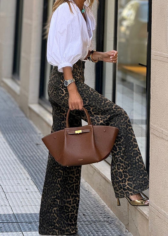 Leopard High Waist Denim Straight Pants Fall