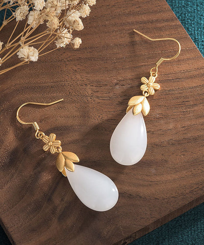 Classy White Ancient Gold Jade Water Drop Drop Earrings