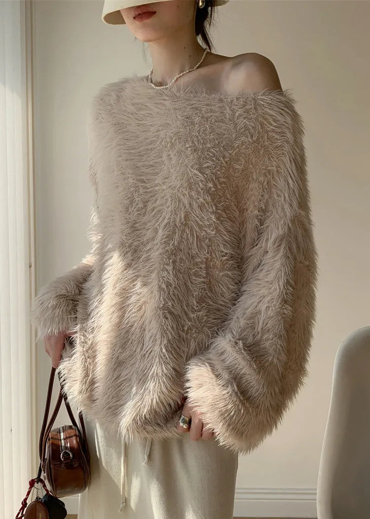 Khaki Cozy Loose Mink Velvet Winter Sweaters O-neck