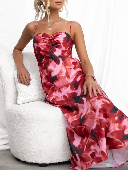 Ruched Bust Print Slip Maxi Dress