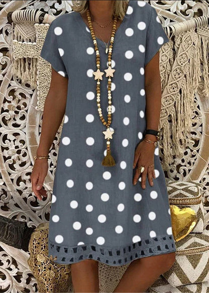 Khaki V Neck Dot Print Cotton Dress Summer
