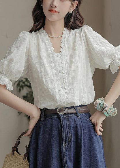 White V Neck Patchwork Lace Top Summer
