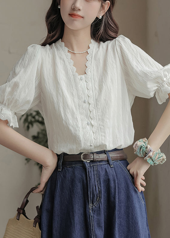 White V Neck Patchwork Lace Top Summer