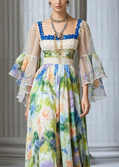Square Collar Print Chiffon Vacation Dresses Fall