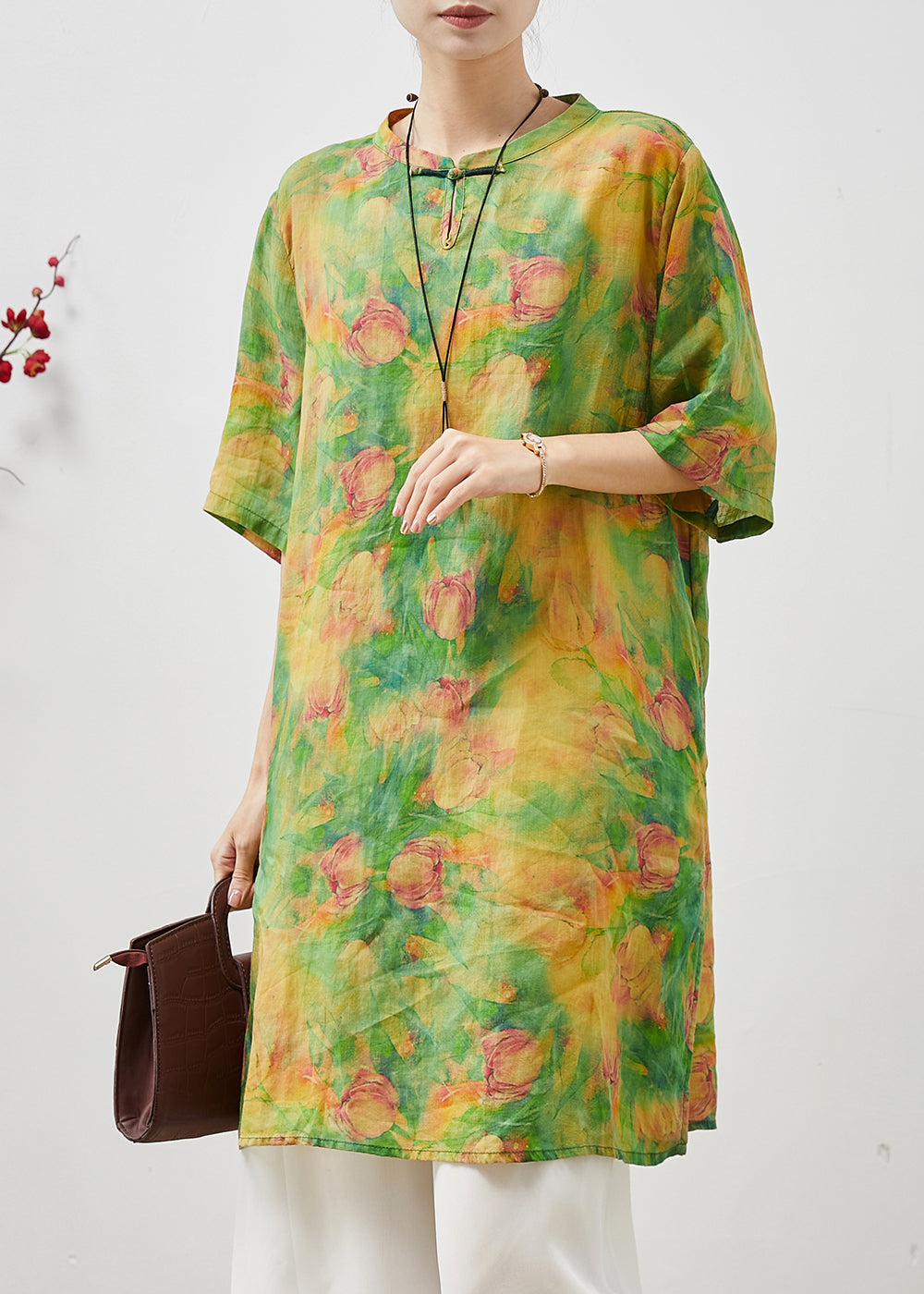 Green Tie Dye Linen Oriental Dress Summer