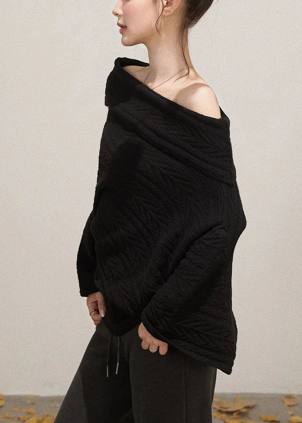 Black Cold Shoulder Knit Short Sweater Fall