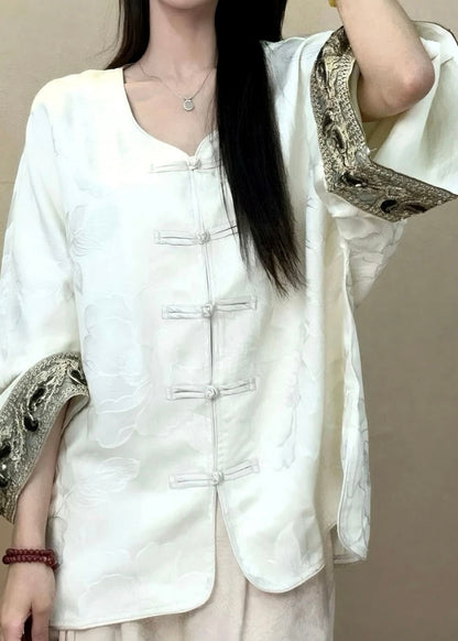 Chinese Style Black O-neck Jacquard Button Silk Coats Long Sleeve