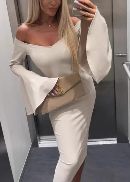 Slim Fit Apricot Slash Neck Cotton Dresses Flare Sleeve
