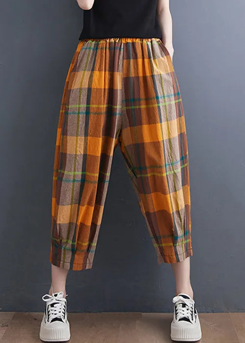 Yellow Pockets Loose Cotton Crop Pants High Waist Summer