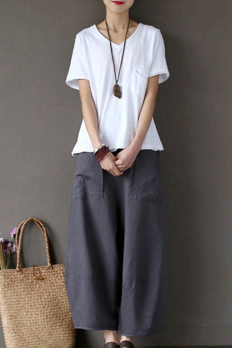Gray Loose Cotton Linen Ankle Length Pants Outfits