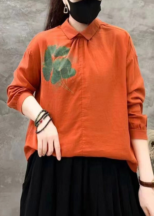 Orange Button Linen Shirt Peter Pan Collar Long Sleeve