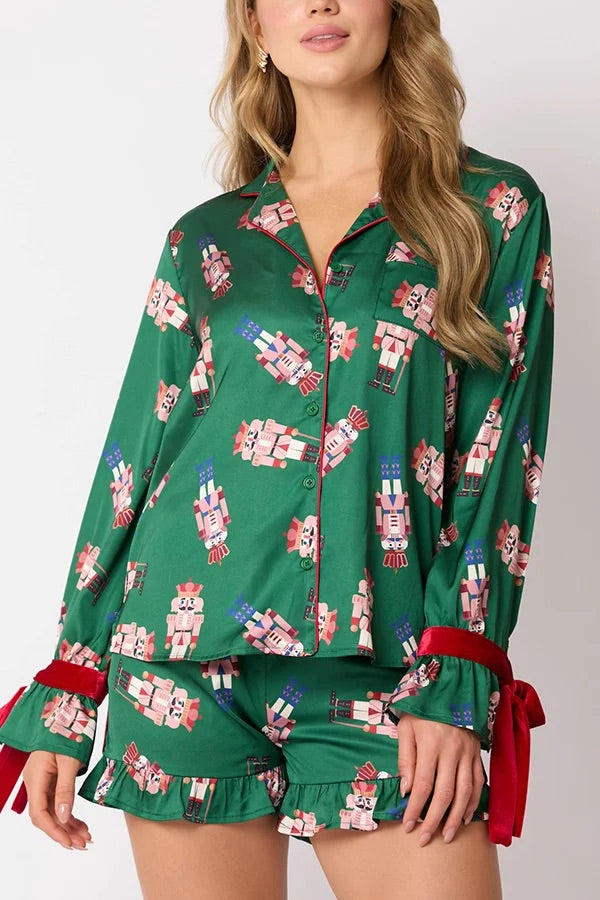 Christmas Fashion Printed Bow Top and Elastic Waist Ruffle Shorts Set