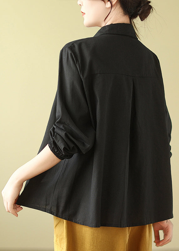 Black Peter Pan Collar Wrinkled Cotton Shirts Fall