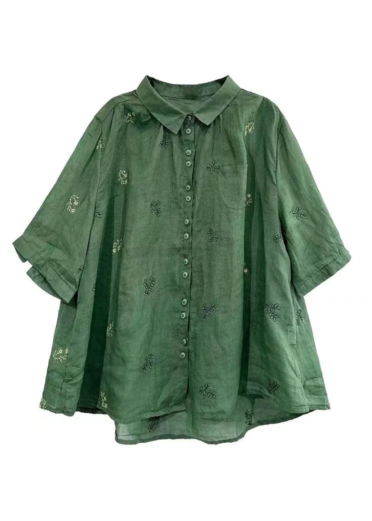 Green Peter Pan Collar Embroidered Patchwork Cotton Shirts Top Summer