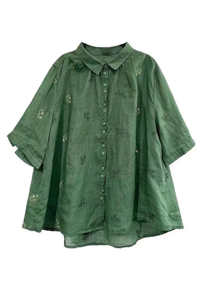 Green Peter Pan Collar Embroidered Patchwork Cotton Shirts Top Summer