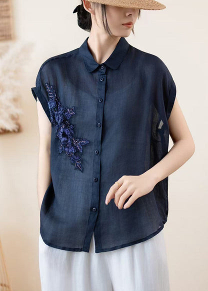 Navy Embroidered Linen Shirt Top Summer