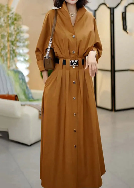 Classy Coffee Peter Pan Collar Sashes Wrinkled Cotton Dresses Fall