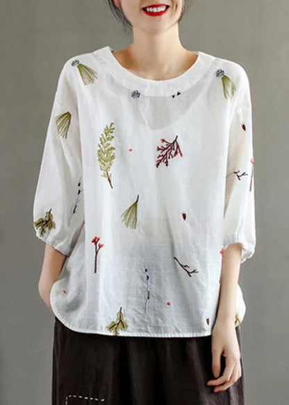 Pink O-neck Embroidered Summer Linen Blouses