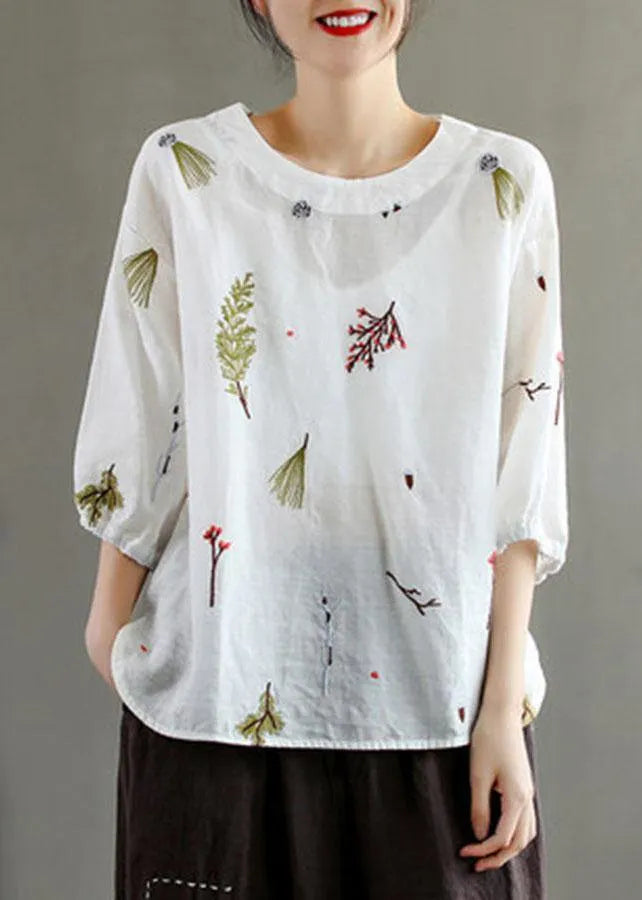 Pink O-neck Embroidered Summer Linen Blouses