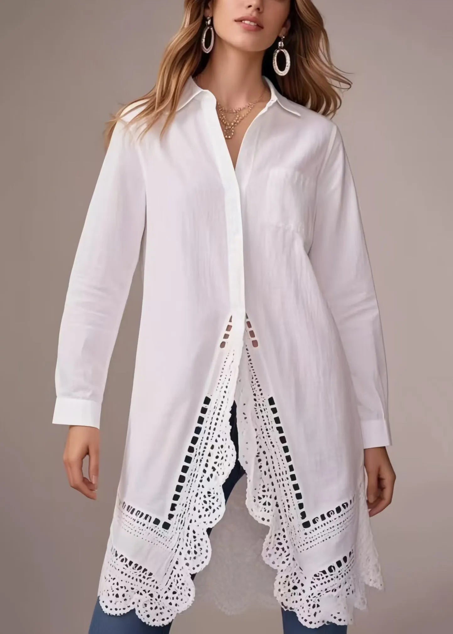 White Oversized Hollow Out Cotton Long Shirts Spring