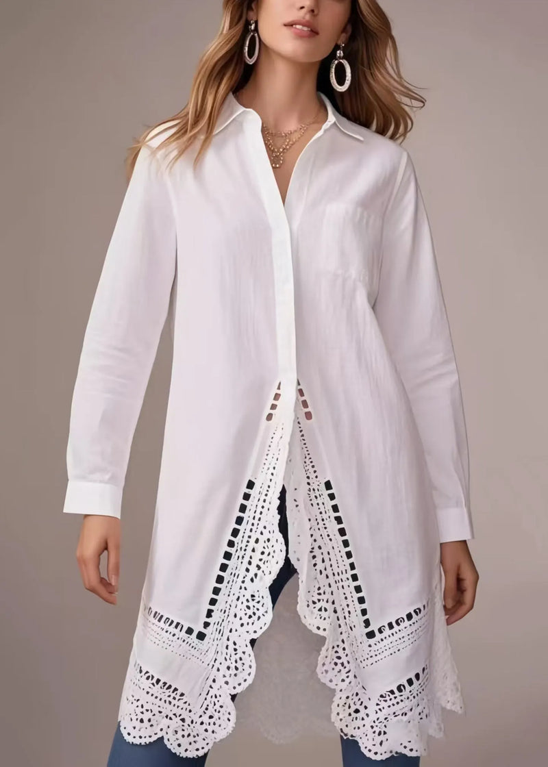 White Oversized Hollow Out Cotton Long Shirts Spring