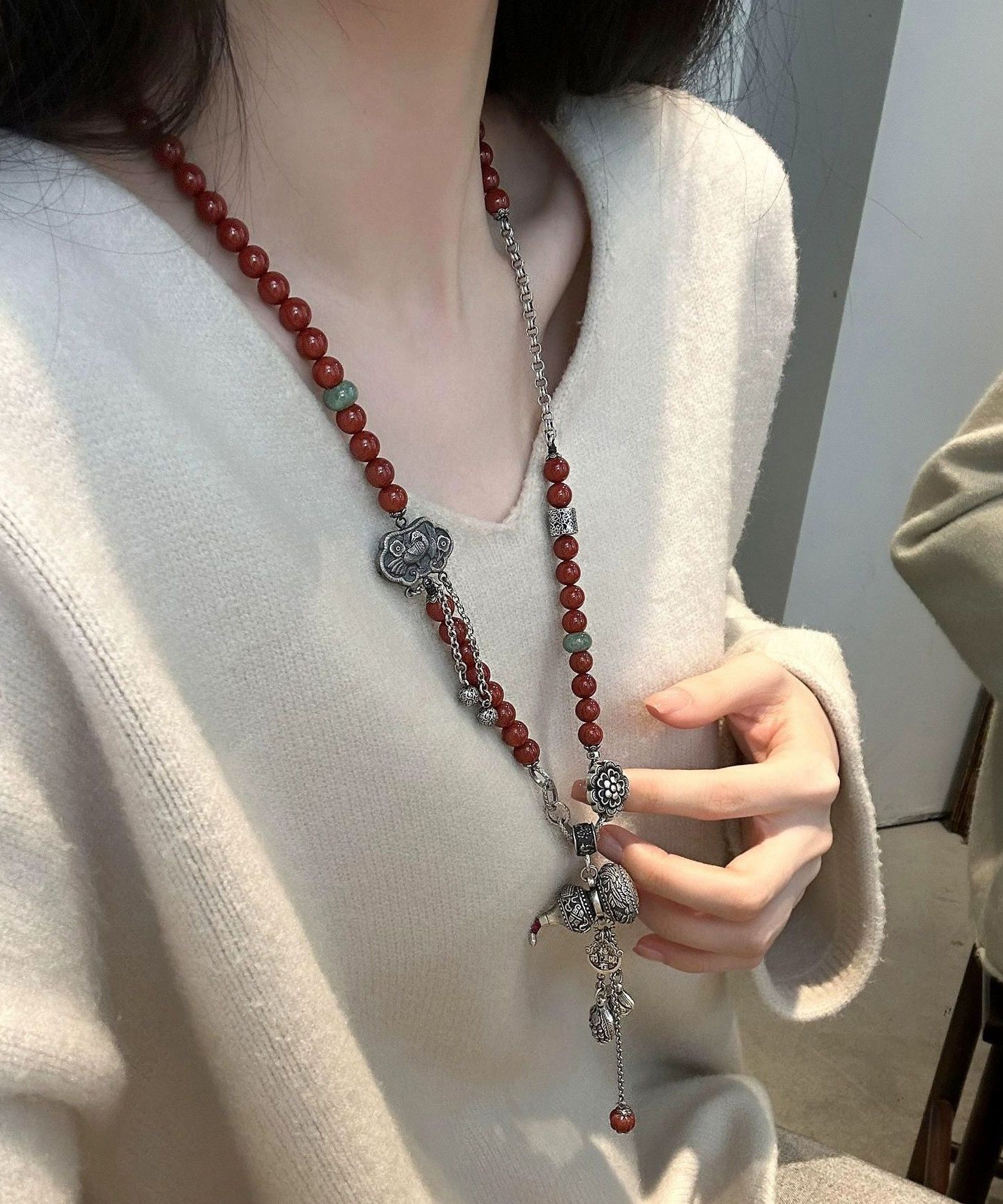 Colorblock Sterling Silver Gourd Ball Ruyi Lock Pendant Necklace