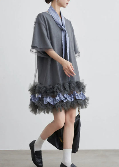 Stylish Grey O Neck Tulle Patchwork Cotton T Shirt Dresses Summer