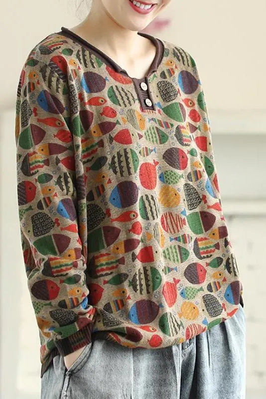 Round Neck Fish Print Knitted T-shirt