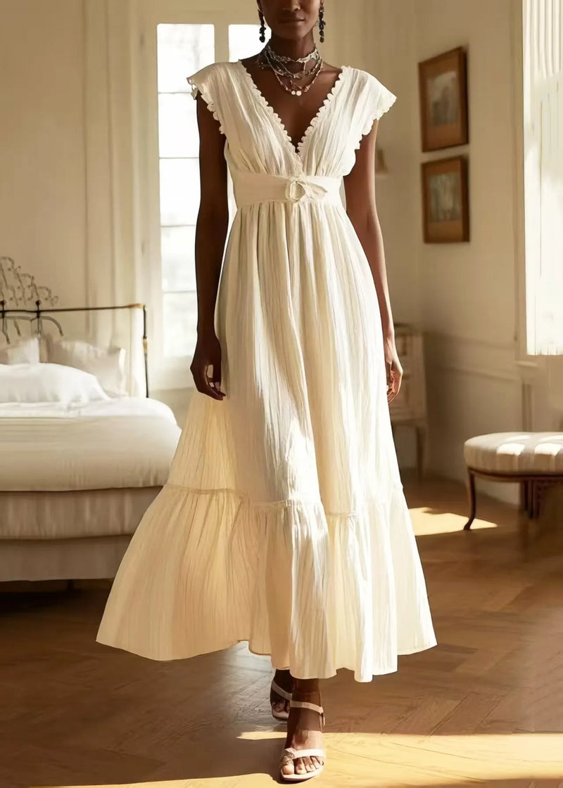 White V Neck Exra Large Hem Cotton Long Dress Sleeveless
