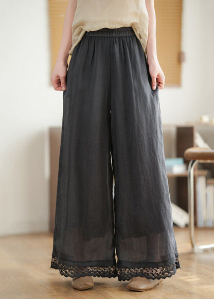 New Black Lace Patchwork Elastic Waist Linen Wide Leg Pants Summer