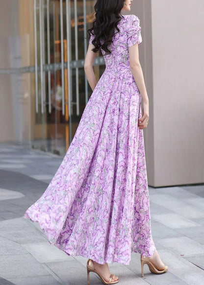 Purple V Neck Print Wrinkled Chiffon Dress Summer