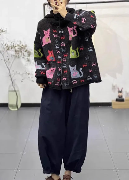Black Oversized Print Denim Knit Jackets Spring
