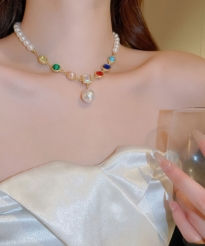 Rainbow Alloy Crystal Pearl Graduated Bead Necklace