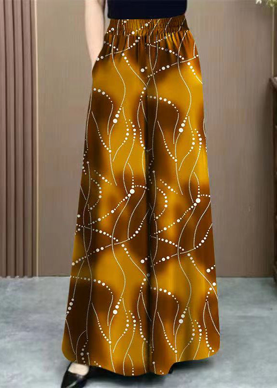 Khaki Pockets Print Elastic Waist Ice Silk Pants Summer