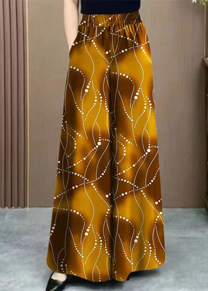 Khaki Pockets Print Elastic Waist Ice Silk Pants Summer