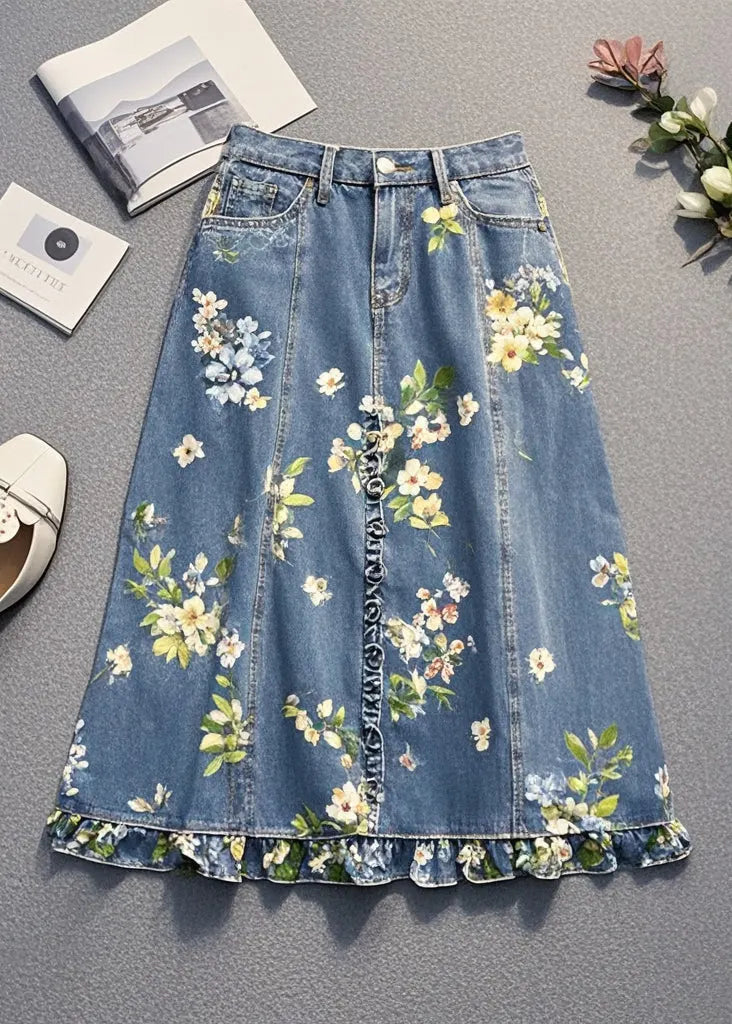 Blue Ruffled Print Denim Skirt Fall