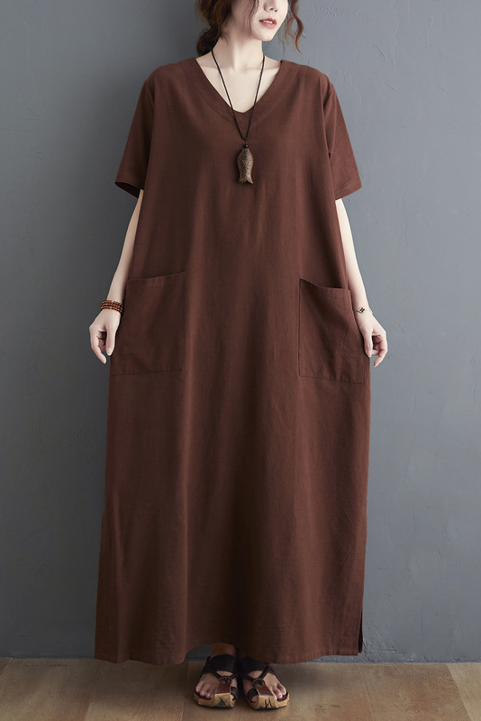 New Loose Short Sleeve Dress Retro Cotton Linen Robe