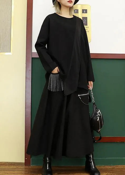 Asymmetric Cotton Linen Tops Black Shirts O Neck Patchwork