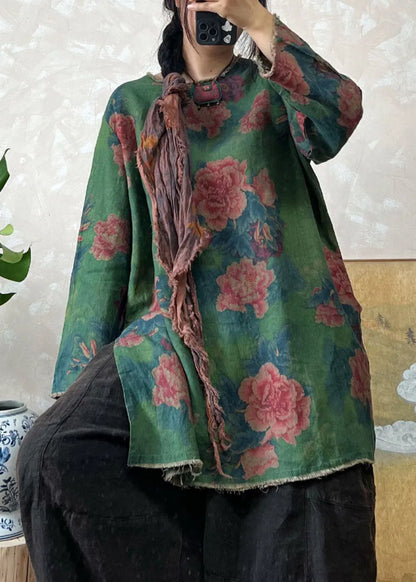 Loose Green O Neck Print Linen Top Long Sleeve