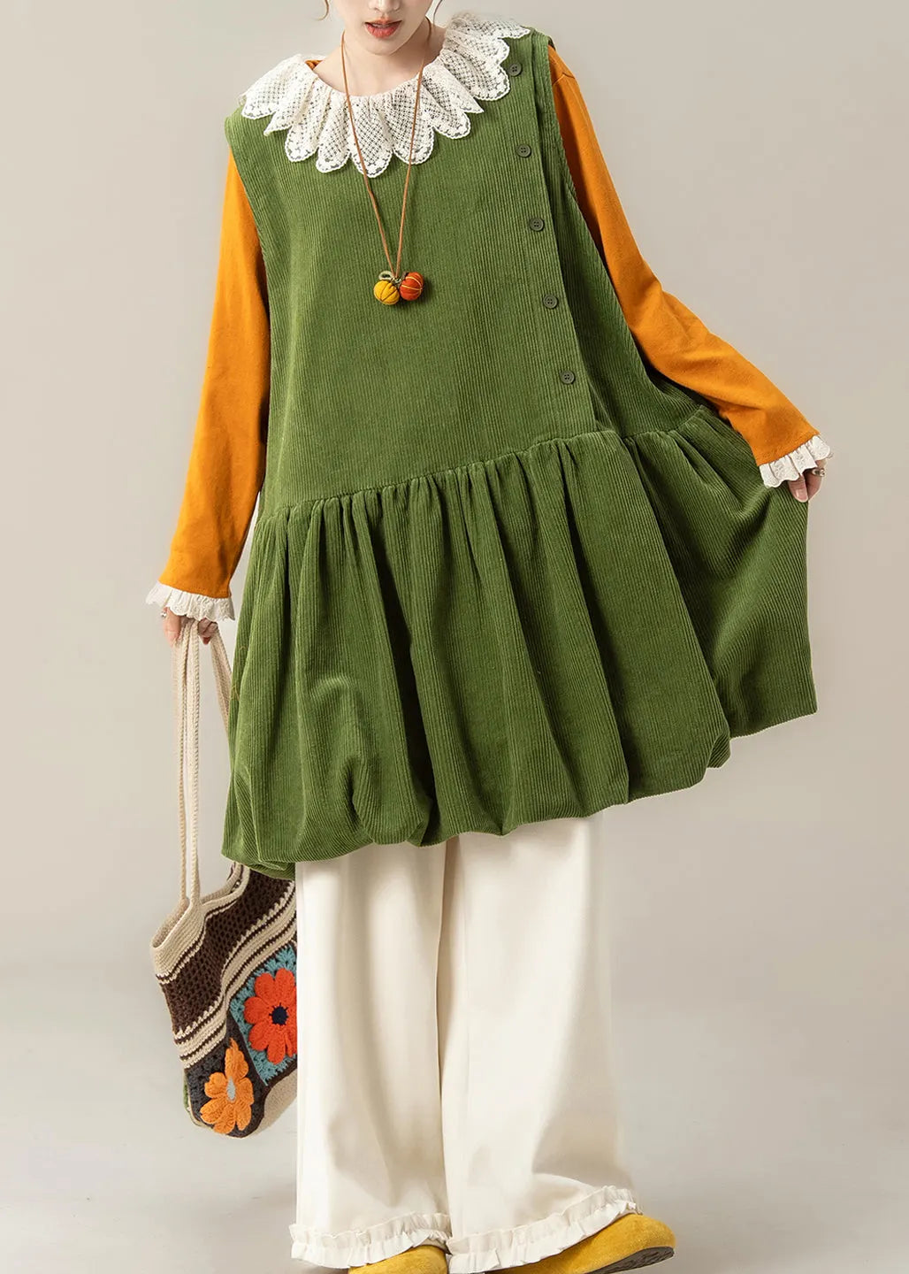 Green Oversized Corduroy Mid Dress Spring