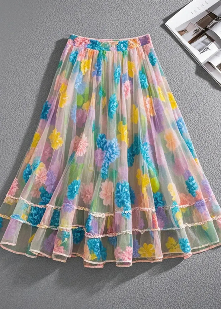 Multicolor Print Tulle Beach Skirt Summer