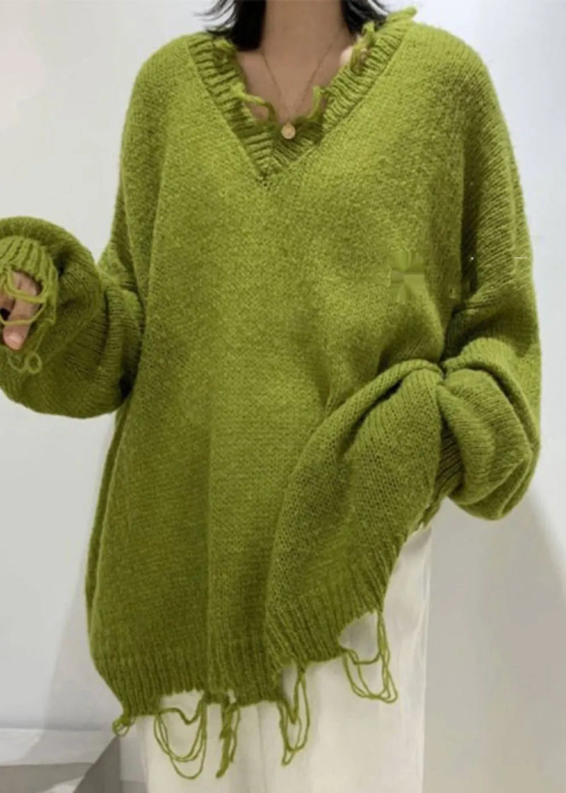 Green V Neck Ripped Ma Hai Mao Knit Sweaters Winter
