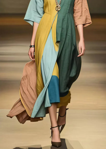 Style Asymmetrical Patchwork Applique Cotton Long Dress Half Sleeve