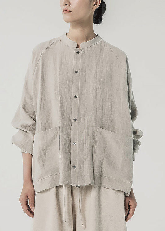 Chinese Style Linen Stand Collar Pockets Shirts Spring