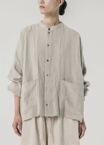Chinese Style Linen Stand Collar Pockets Shirts Spring