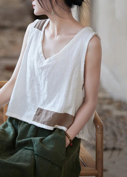 White V Neck Patchwork Linen Shirt Top Sleeveless