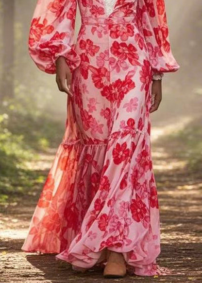 Red V Neck Print Ruffled Chiffon Long Dress Spring