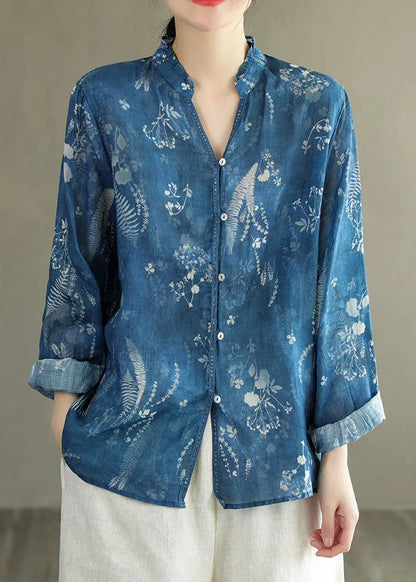 Diy Blue V Neck Ruffled Print Patchwork Linen Shirt Tops Spring