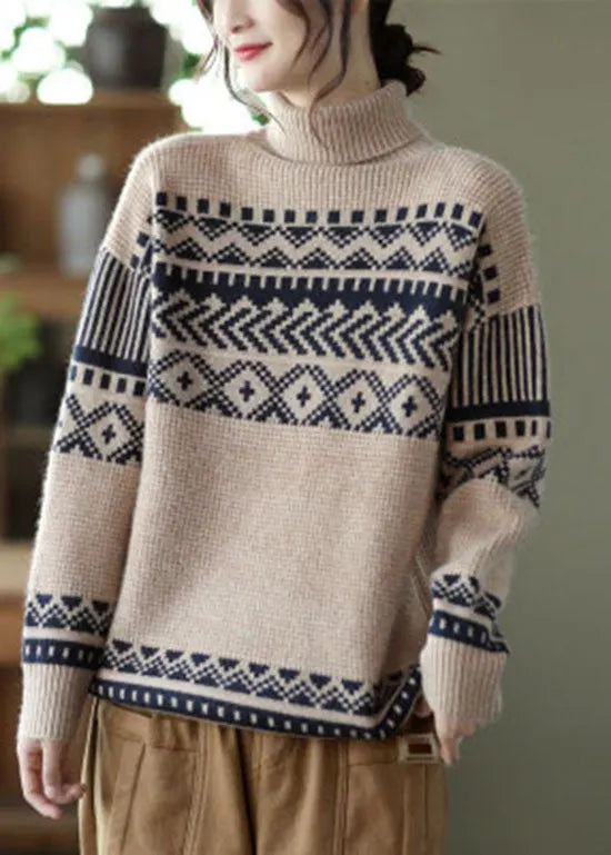 Handmade Apricot Turtle Neck Thick Print Knit Pullover Spring